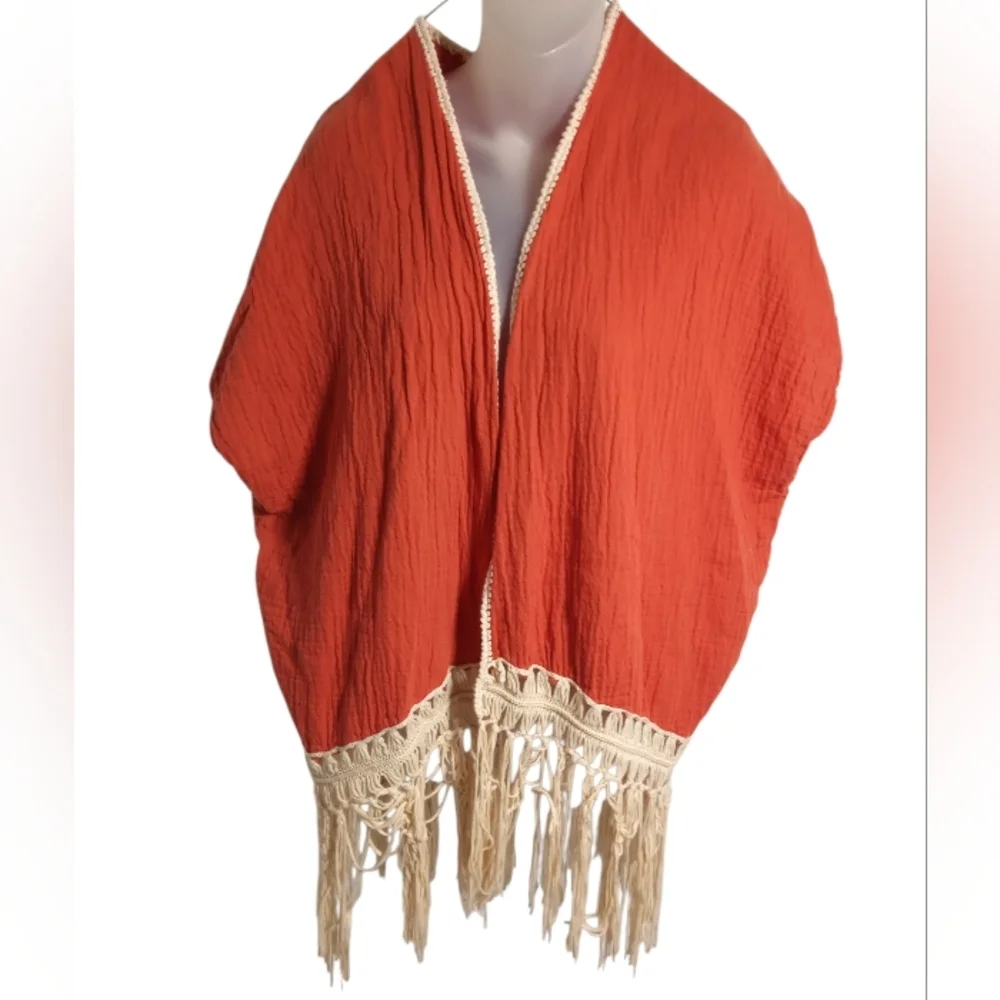 Umgee Rust Fringe Hem Boho Embroidered Floral Open Kimono Cardigan Sz S/M